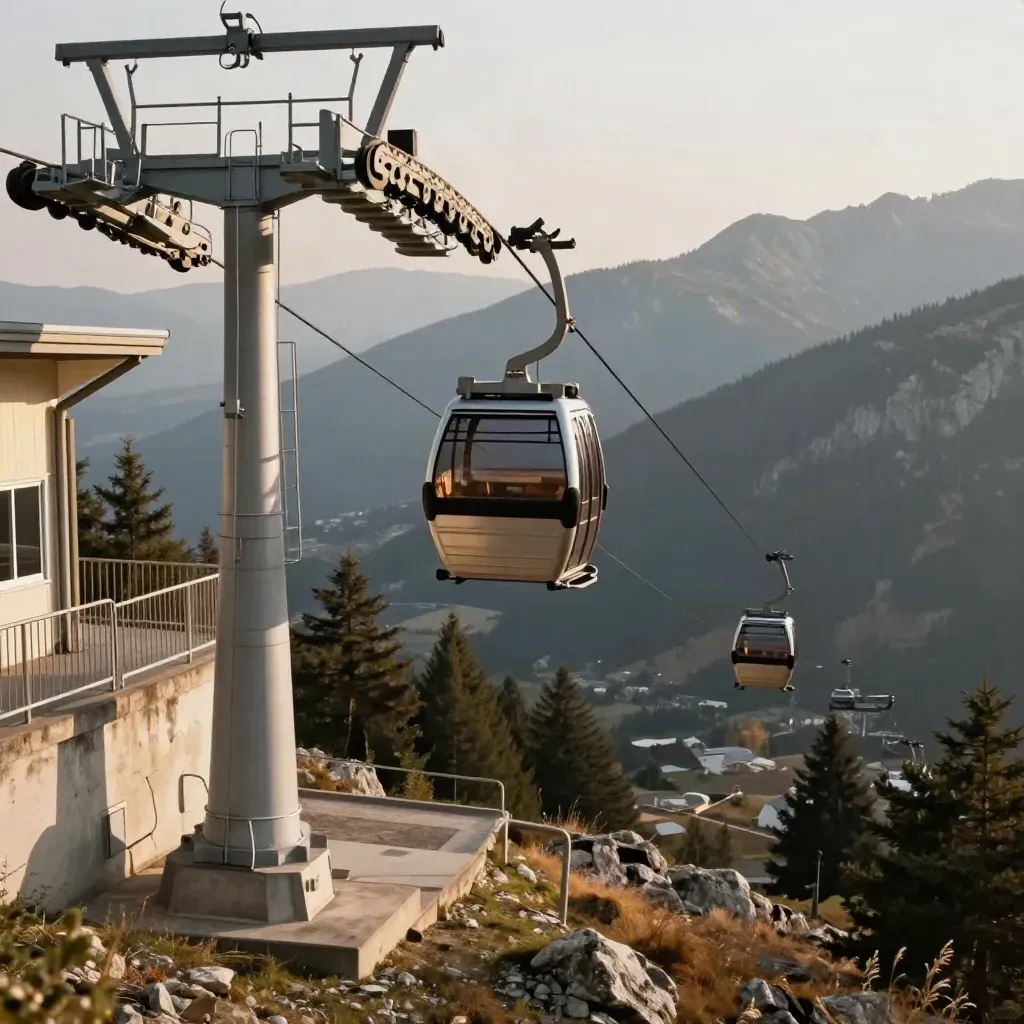Due cabine della funivia in partenza e arrivo sopra la valle, con stazione e torre nella luce del mattino.