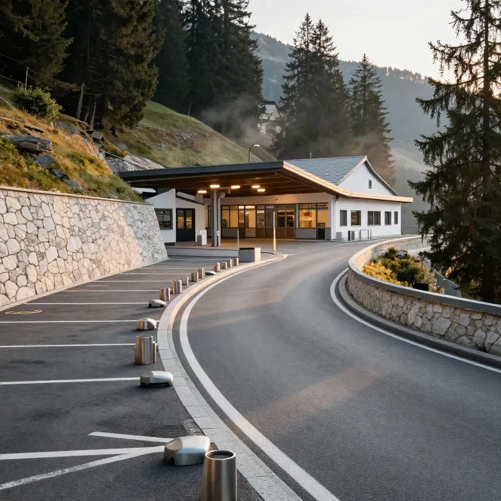 Strada di accesso, parcheggi e piazzale della funivia in luce alpina calda.