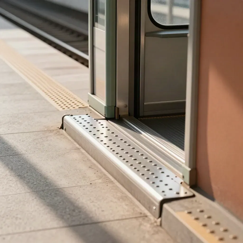 Rampa accessibile alla cabinovia con piattaforma a filo, cancelletto ampio e guida tattile.
