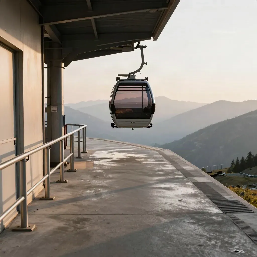 Cabina della funivia che entra in stazione su piattaforma vuota al tramonto.