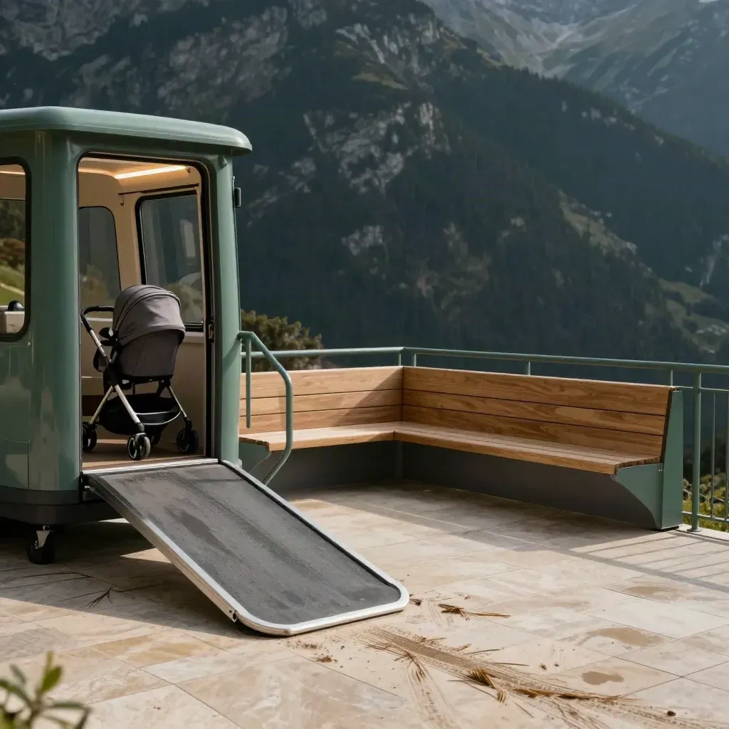 Terrazza della funivia con cabina aperta, rampa per passeggini e panchina riparata, vuota.