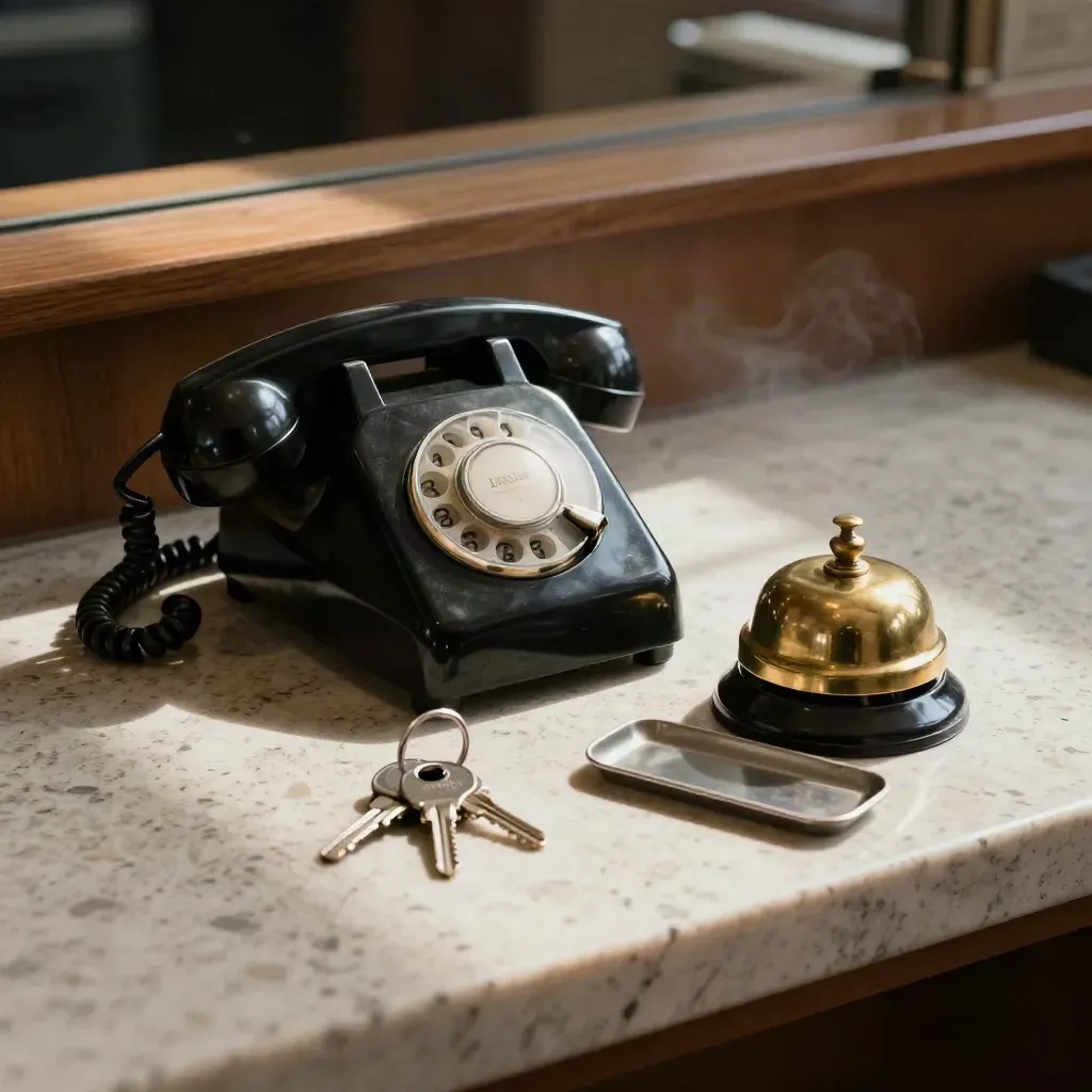 Telefono rotativo, campanello e chiavi su travertino, luce radente e sfondo sfocato.