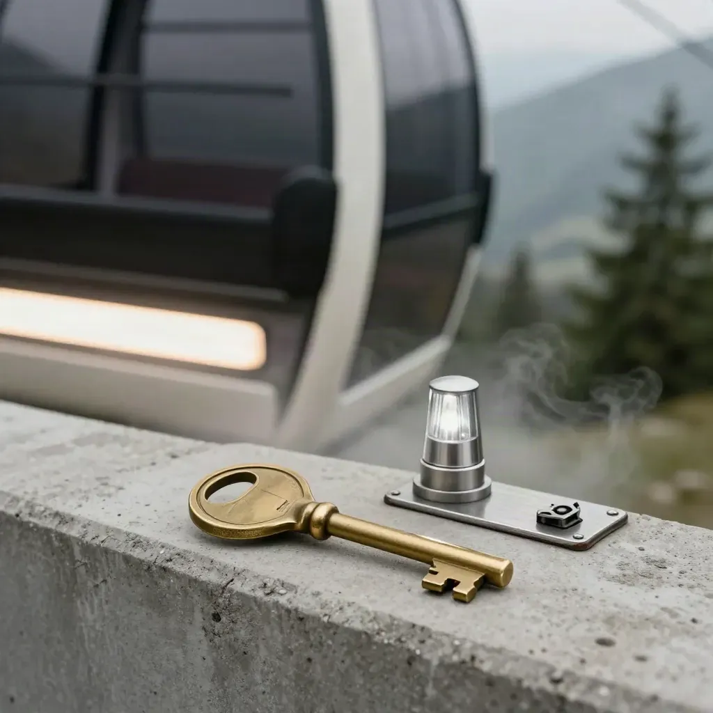 Chiave del gate, luce cabina e beacon verde su ledge di cemento, atmosfera alpina.