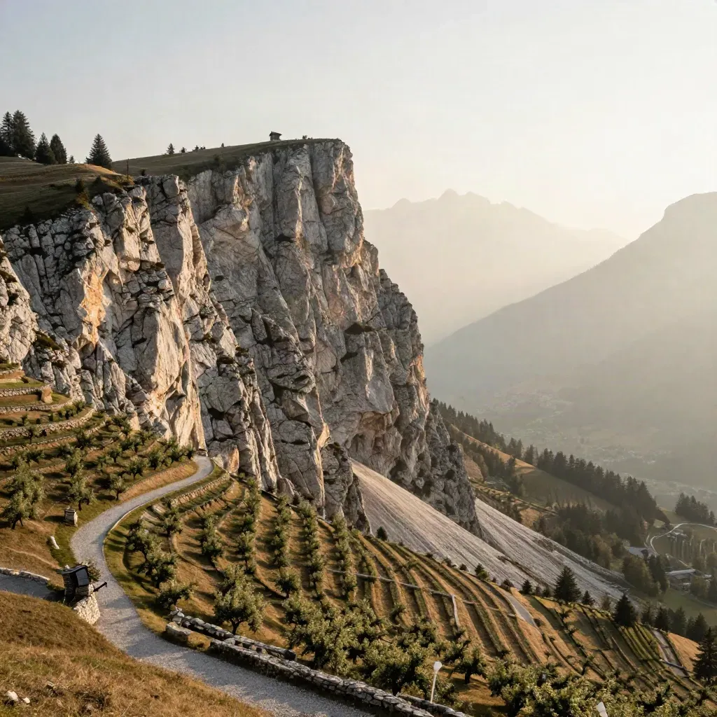 Le Dolomiti sopra i meleti dell’Alto Adige, con luce dorata e valle nella foschia.