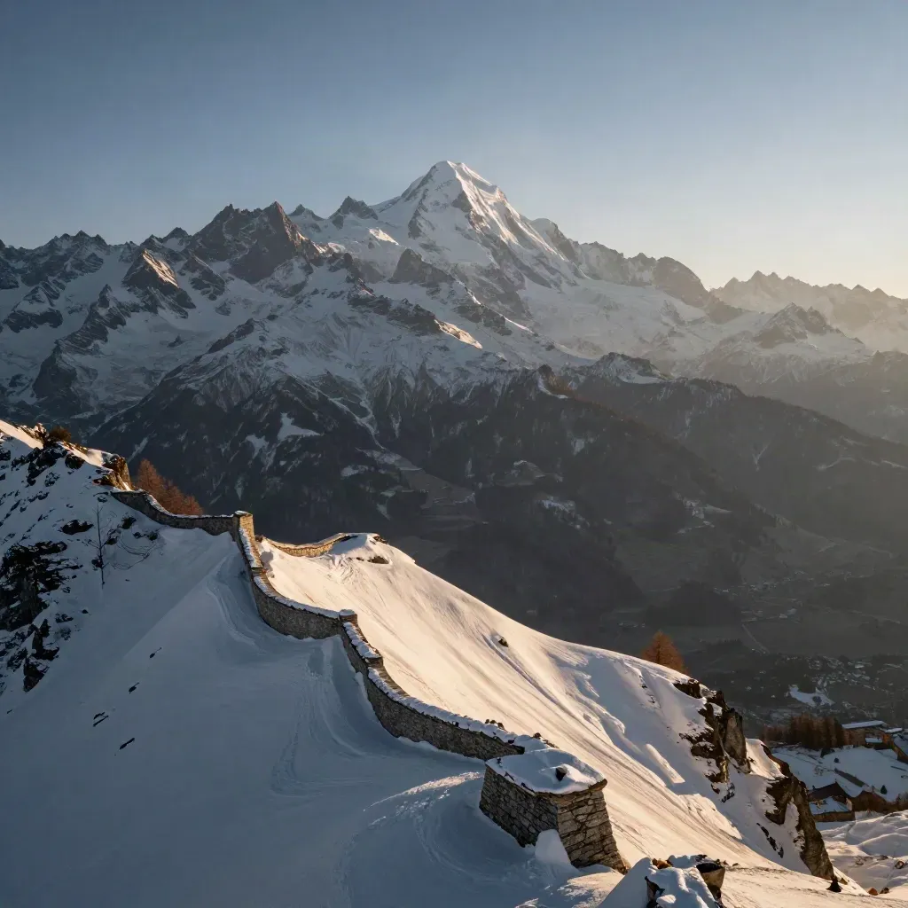 Monte Bianco sulla Valle d’Aosta al tramonto, con fortezza e neve in quota