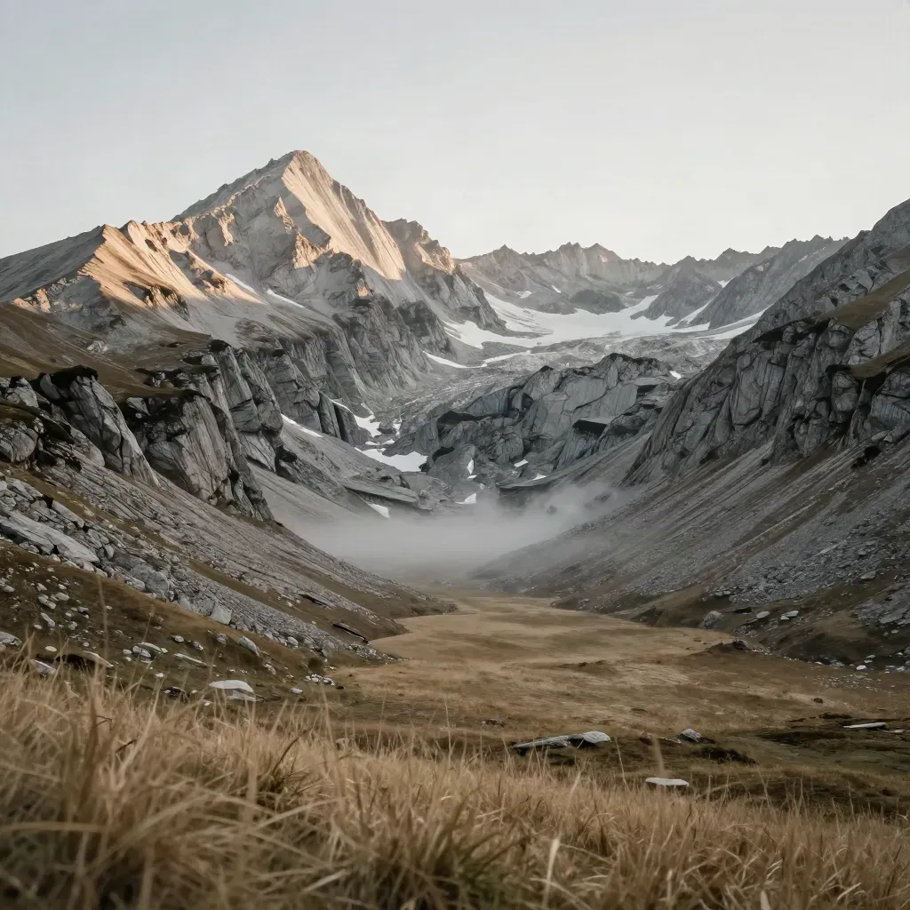 Passo di Bormio con cime granitiche, ghiaioni glaciali e prato quieto in luce serale.