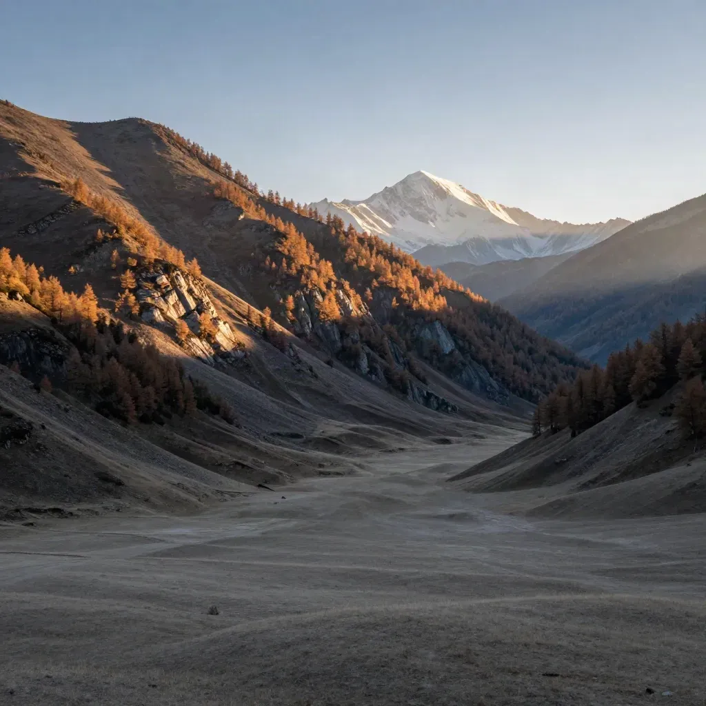 Bacino alpino piemontese al tramonto con larici, cresta ampia e colle lontano.